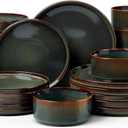 LIANYU Dinnerware Sets with Pasta Bowls, 24 Piece Ribbed Dinnerware Plates and Bowls Set for 6, Elegant Modern Stoneware Dishes Set for Kitchen Dining, Microwave and Dishwasher Safe, Jungle Green