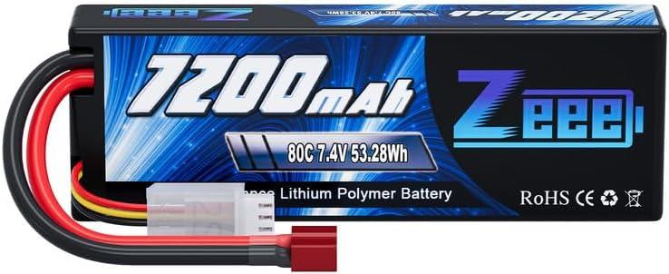 Zeee 2S Lipo Battery 7.4V 80C 7200mAh Hardcase RC Battery with T Connector for RC Vehicles Car Truck Losi Slash Buggy Team Associated