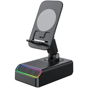 Portable Smart Induction Speaker Mobile Phone Holder RGB Colorful Ambient Light Wireless Bluetooth Speaker Phone Reverse (Black)