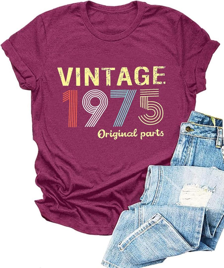 Vintage 1976 T Shirts for Women 50th Birthday Shirts Gifts Born in 1976 Tshirt Retro Short Sleeve Tee Tops (Small, 1975-purple)