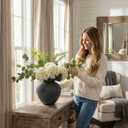 Faux Arrangement - Eucalyptus & White Hydrangea Flowers, Large Artificial Floral Greenery Centerpieces for Tables, Modern Farmhouse Decor for Dining Room, Kitchen & Coffee Table, 30 inches Tall