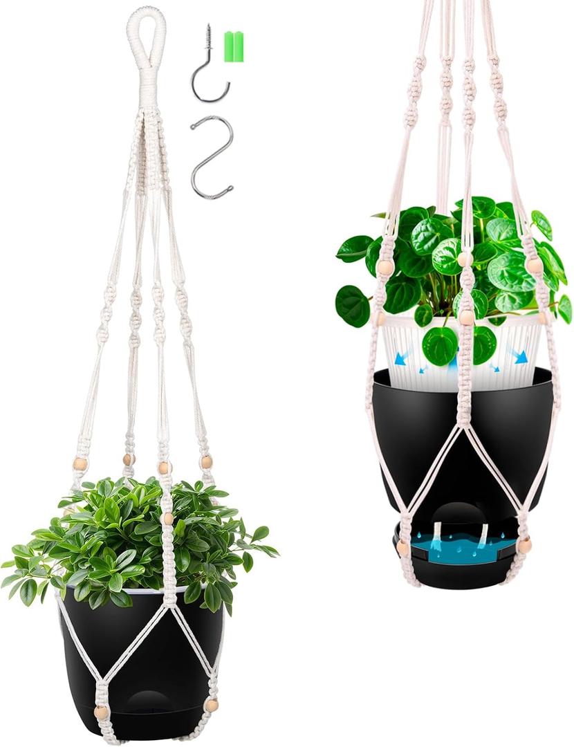 2-Pack 5.7-Inch Self-Watering Hanging Planters for Indoor & Outdoor Plants,34Inch Macrame Hanger Plant Pots Indoor with Drainage,Small Hanging Planters & Baskets,With Two Sets of HooksPure black