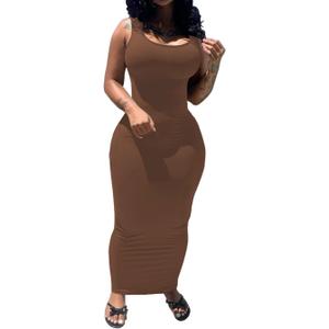 PINSV Women's Sexy Bodycon Tank Dress Basic Sleeveless Long Maxi Dresses Party Club Beach Sundresses (Large) Coffee