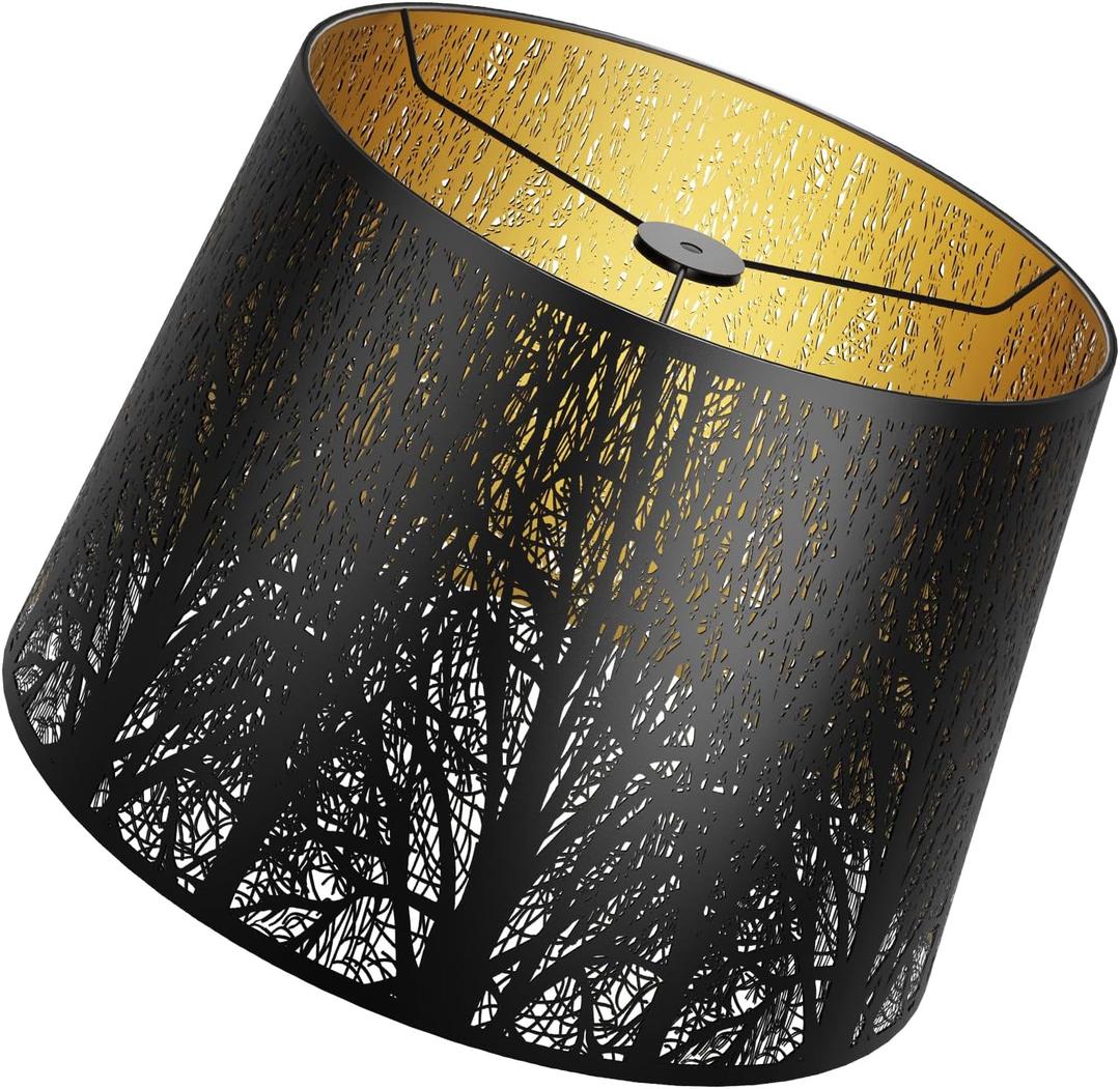 Barrel lamp shades,metal lampshades,large lamp shades for table lamps,drum lamp shades for table lamps,12" Top x 14" Bottom x 10" High (Spider) Metal Black Gold lamp cover,lampshades for floor lamps
