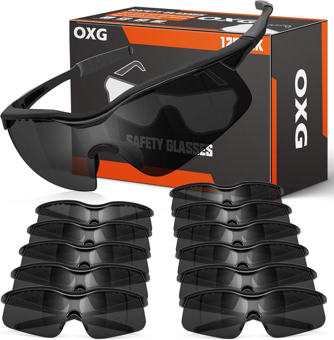 OXG 12 Pack Safety Glasses, ANSI Z87.1 Impact Resistant Anti-Scratch Safety Goggles for Men Women Youth (Grey)
