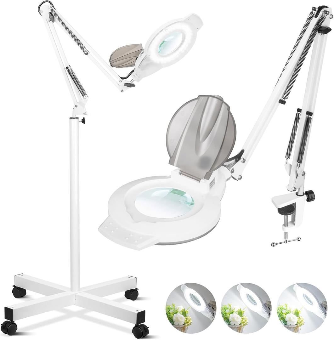 10X Magnifying Glass with Light and Stand, NUEYiO 2200 Lumen Stepless Dimmable Magnifying Floor Lamp, 2-in-1 Adjustable Metal Swing Arm Lighted Magnifier, Mag Lamp for Estheticians Crafts Facial (10x & Four Wheels White)