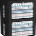 FHSQX 2 Pack Clothes Storage Bins Foldable Metal Frame Storage Box Linen Fabric Organizer Set with Carrying Handles and Clear Window (Black, 15.7x 11.8x 7.8Inch)