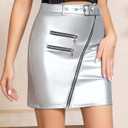 RAMISU Skirts for Women High Waisted A-Line Skirt Metallic Skirt Silver Zipper Skirts with Belt (S)