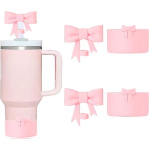 Stanley Cup Accessories Set, Include 2 Pcs Silicone Bow Straw Covers Cap Toppers for 0.4 in/10mm Straws, 2Pcs Bow Silicone Boots for Stanley Cups 40oz & 30oz Tumbler (Pink)