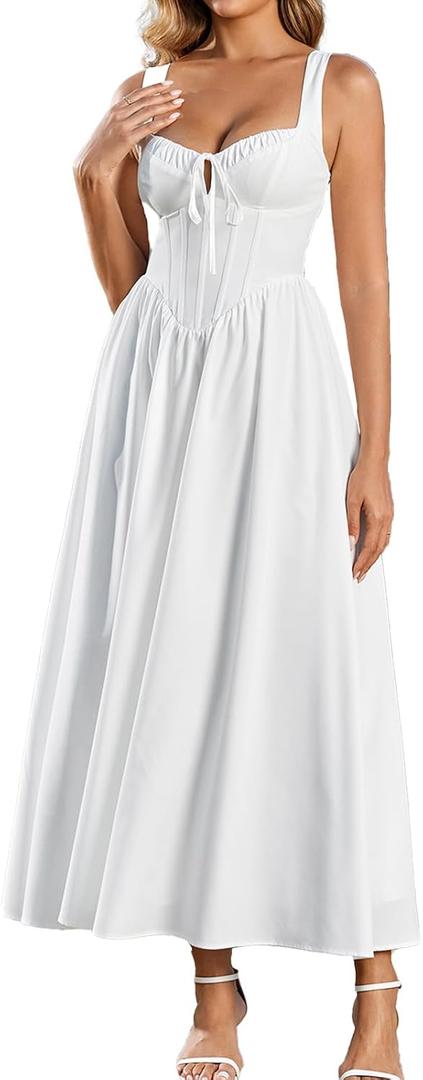Summer Corset Midi Wedding Guest Dresses for Women Formal Flowy Sweetheart Neck Lace Up Sundress Tea Party Dress (Small, White)