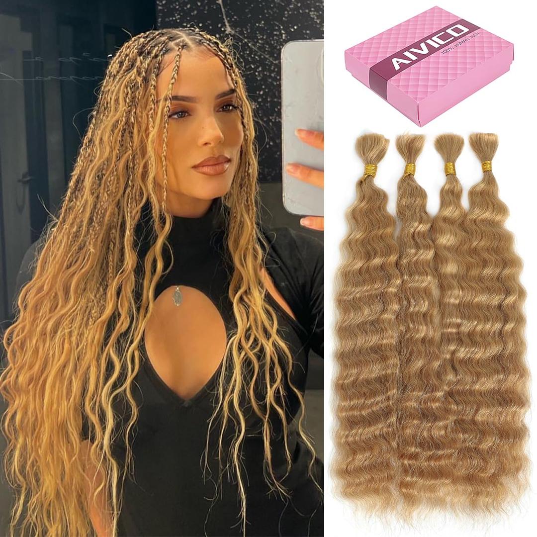 Super Wave Bulk Human Hair 100% Unprocessed Brazilian Virgin Human Hair Extensions Bundles for Braiding Hair Wet and Wave Micro Human Hair(1Pack-4PCS, 18inch #27) (Super Wave18 Inch)