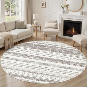Tortania 8' Round Area Rug Living Room Rugs - Washable Large Soft Neutral Boho Moroccan Bohemian Farmhouse Rug Indoor Floor Carpet for Bedroom Under Dining Table Home Office Decor - Cream/Brown