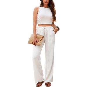 Beautiful Nomad Women's Linen Pants High Waisted Straight Pant Casual Flowy Wide Leg Drawstring Trousers with Pockets (White) S