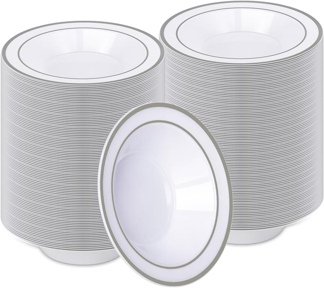 BESTVIP 200 Pack Plastic Bowls with Silver Rim, 12 oz Disposable Soup Bowls, Heavy-duty Dessert Fruit Bowl for Party, Wedding, Christmas, Dinner Catering