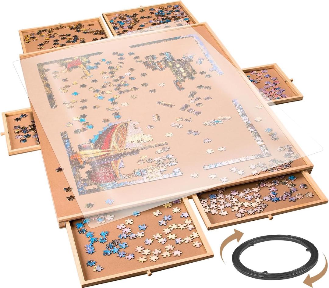 2000 Piece Rotating Wooden Puzzle Board for with 6 Storage Drawers & Protective Cover – Jigsaw Puzzle Table - for Adults & Families Home Entertainment & Puzzle Building