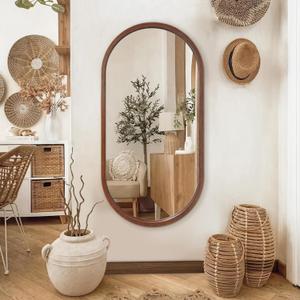 Oval Full Length Mirror, 48"X24" Wood Wall Mirror, Walnut