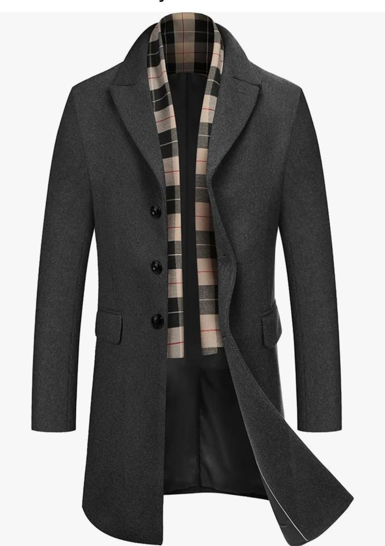 COOFANDY Men's Wool Blend Coat with Detachable Plaid Scarfs Notched Collar Single Breasted Pea Coat Trench Overcoat, Size M