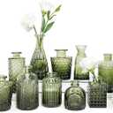 12pcs Glass Bud Vase Set, Small Green Flower Vases for Centerpieces in Bulk, Mini Vintage Vase for Wedding, Home,Table Decoration