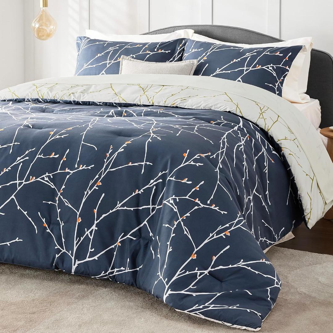 Bedsure Full Size Comforter Sets - Bed in a Bag Full 7 Pieces Reversible Navy Blue Flroal Bed Set Tree Branch Pattern Printed with Comforters, Sheets, Pillowcases & Shams