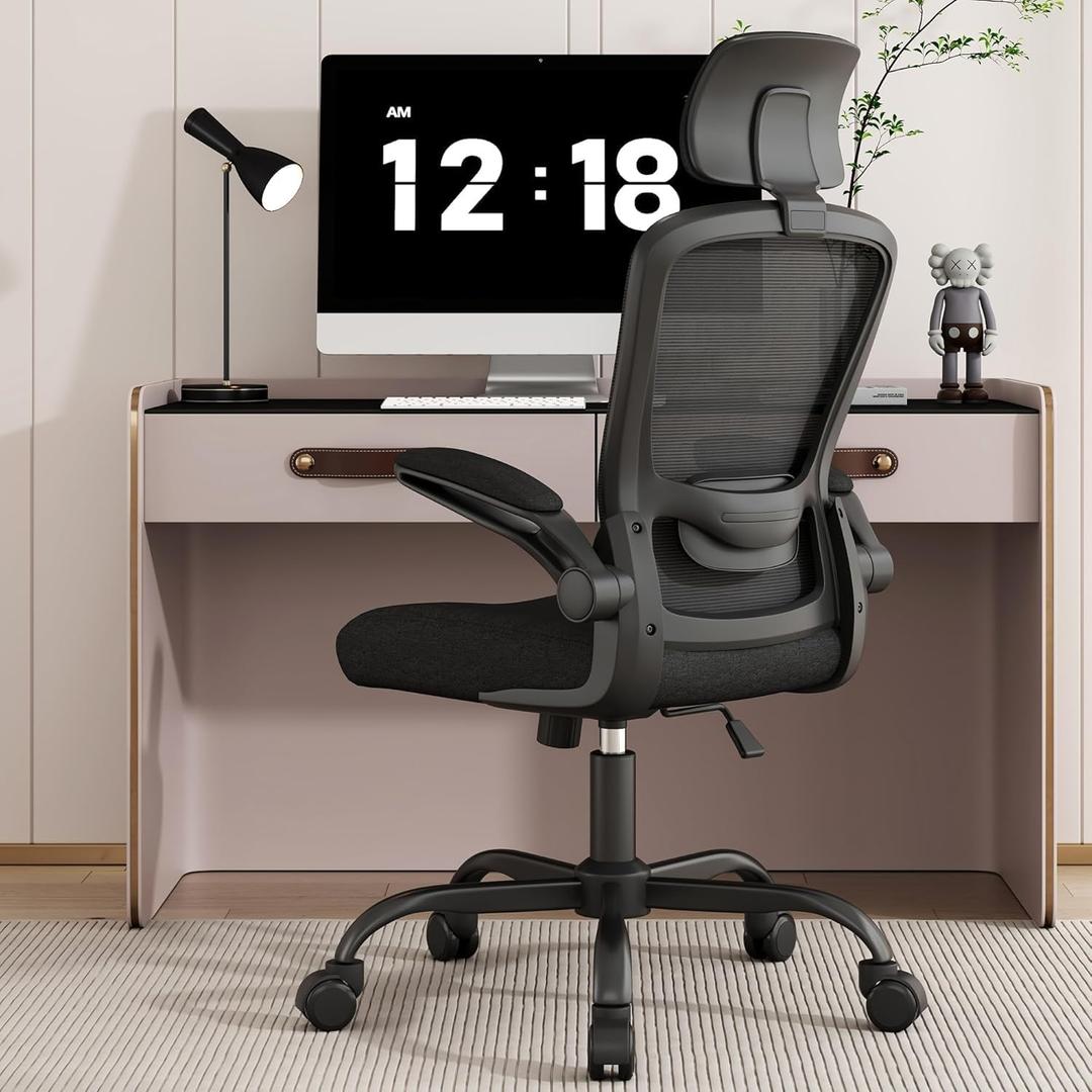 Ergonomic Office Chair for Long Hours & Back Pain Relief  Desk Chair with Adjustable Lumbar Support & Headrest, High-Density Foam Cushion, Flip-Up Armrests, Perfect for Work & Study (Dark Black)