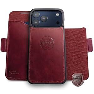 Dreem Real Leather Wallet Case for iPhone 17 Pro Max, Revolutionary Vert/ Hor Phone Stand, Magnetic Detachable Flip Cover RFID Blocking Card Holder, MagSafe-Fit, Gift Box [Fibonacci: Wine]