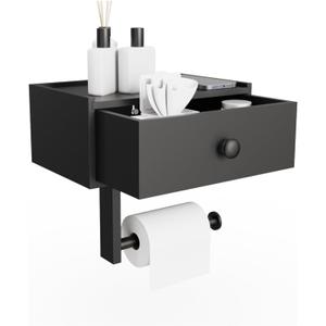 Wooden Toilet Paper Holder with Shelf, Rustic Adhesive Bathroom Toilet Paper Holder Wall Mount with Storage, Farmhouse Toilet Tissue Holder with Wipes Dispenser (Black)