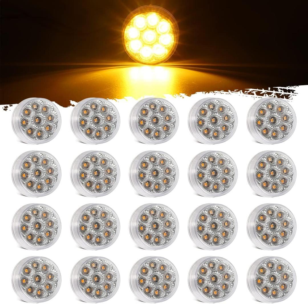 Partsam 20pcs 2 inch Round Amber 9 LED Side Marker Turn Signal Clearance Lights w/Reflector [DOT Approved] for Trailer Truck Tractor RV, Clear Lens, Sealed Waterproof, 12V