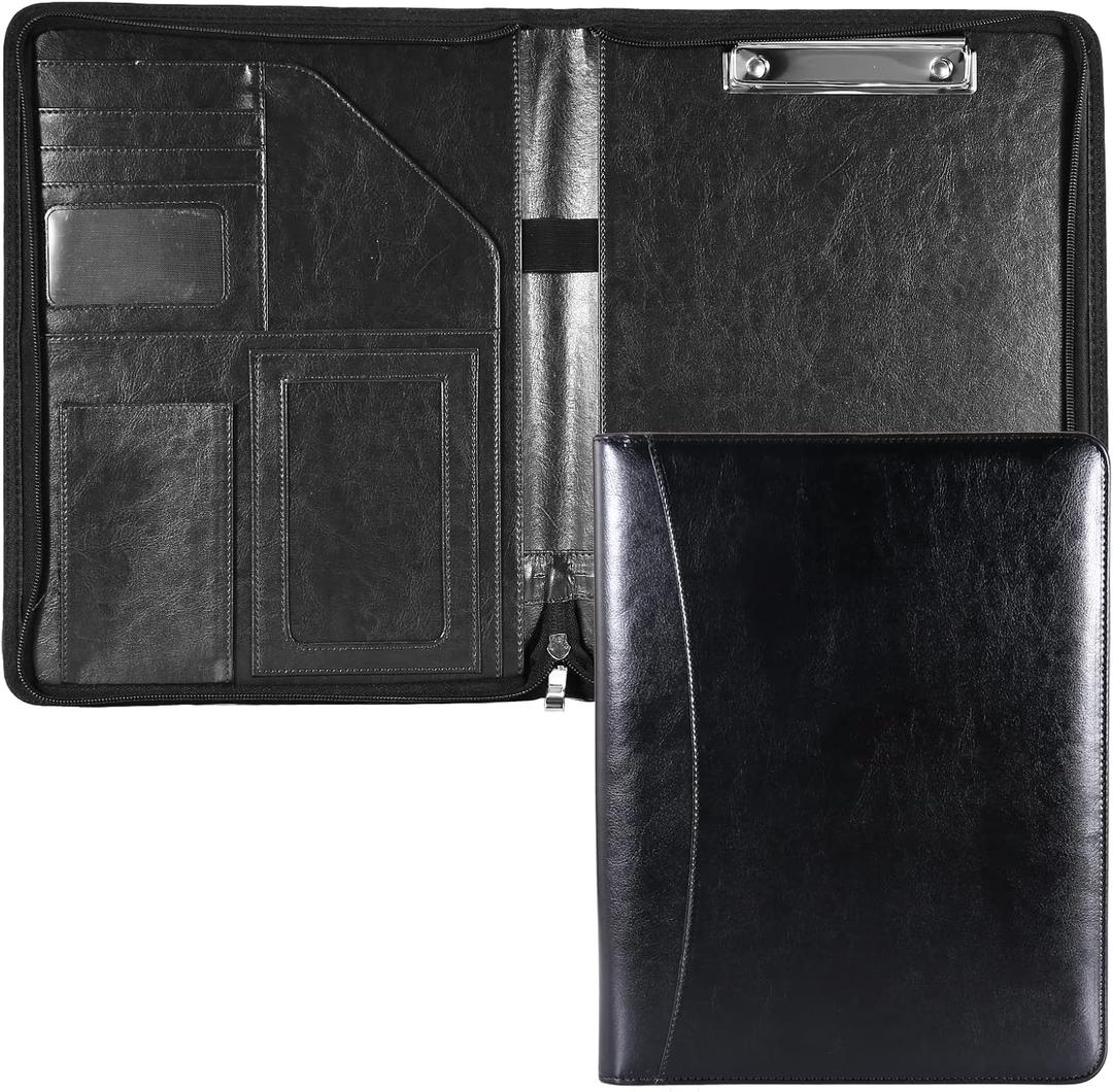 Enyuwlcm A4 PU Leather Padfolio with Zipper Zippered Portfolio with Clipboard for Resume Suitable for Men Women (Black)