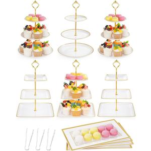 Lzerking 13pcs Dessert Table Display Set, 6 3-Tiered Cupcake Stands (3round & 3square) with 4 Trays & 3 Tongs, White Gold Plastic for Wedding, Tea Party, Baby Shower Decor, Birthday Party Decoration