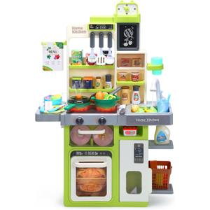 HOLYFUN Kids Kitchen Playset, Pretend Play Kitchen with Sounds and Lights, Cooking Stove Steam,Play Sink and Play Food,Toy Kitchen Set for Kids Toddlers, Green