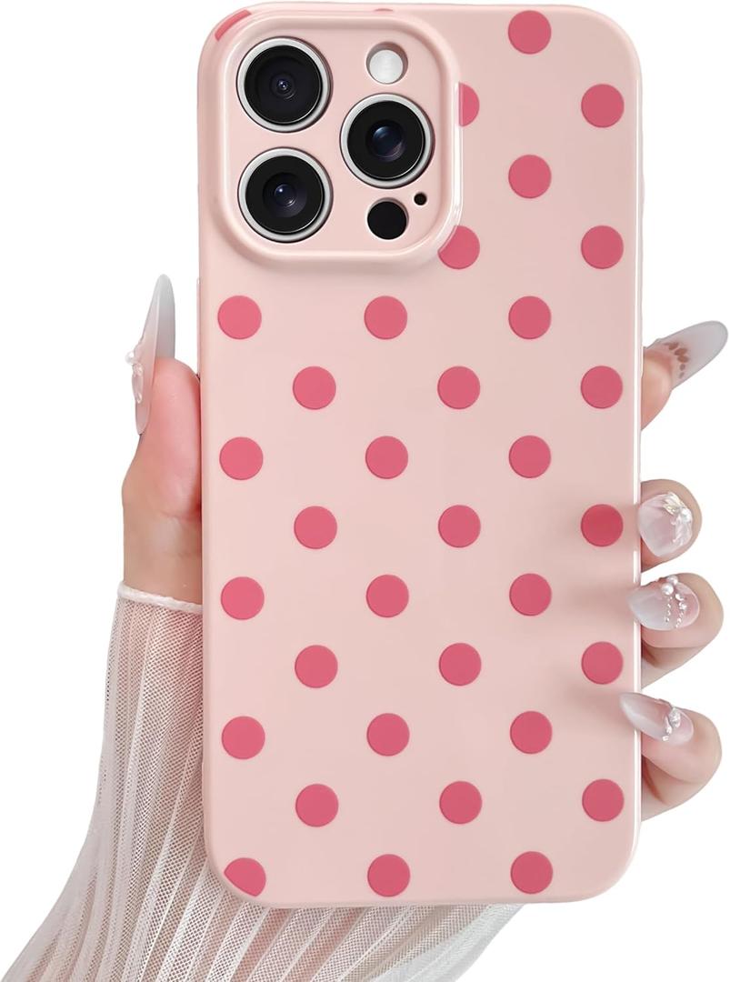 Compatible with iPhone 15 Pro Max Case Cute Polka Dot Phone Case Soft Slim TPU Shockproof Phone Cover Full Camera Protection for Women Girls - Pink