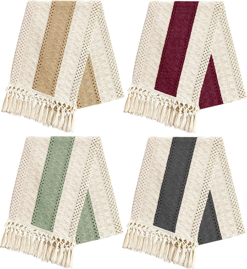 4 Pieces Boho Table Runner with Tassels Rustic Farmhouse Table Runner Macrame Burlap Table Decoration for Bohemian Kitchen Dining Table Living Room Bedroom Farmhouse Home Decor12x72 Inches