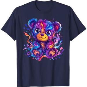 Colorful Vibrant Rainbow Teddy Bear T-Shirt for Men, Navy Blue, 6XL