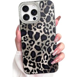 KANGHAR Case for iPhone 15 Pro Leopard Printed Pattern Cute Cheetah Phone Case Clear Bumper Hard Back Shockproof Protective Diamond Glittter Camera Lens Cover for iPhone 15 Pro Black