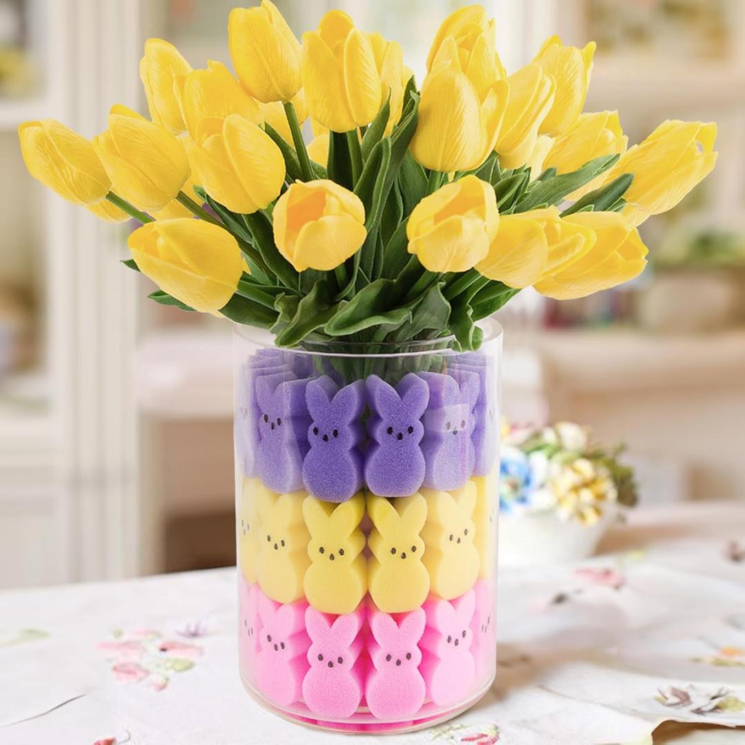 ORIENTAL CHERRY Easter Decorations - Easter Peeps Decor - 15 Artificial Tulips with 45 Bunnies Vase Filler Set, Spring Home Indoor Decoration Centerpieces for Tables