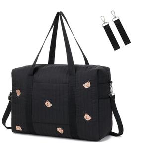 Diaper Bag Tote with Insulated Pockets and Stroller Hooks for Travel (Black-gold, Large)