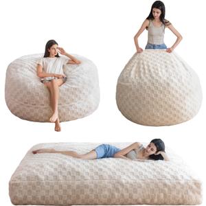 MAXYOYO Bean Bag Chair Bed for Adults, Convertible Beanbag Folds from Lazy Chair to Floor Mattress Bed, Large Floor Sofa Couch, Big Sofa Bed, High-Density Foam Filling, Machine Washable Cover (Full, Plaid Beige)