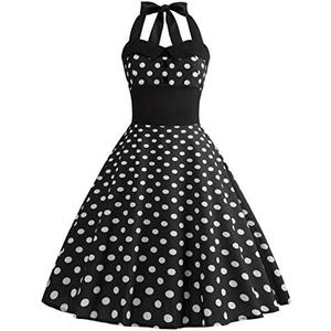 Women 50s Vintage Polka Dot Halter Cocktail Swing Dress Buttons Floral 1950s Rockabilly Audrey Hepburn Prom Tea Party Dress, Small