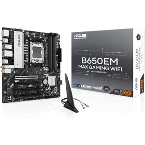 ASUS B650EM MAX Gaming WiFi AMD B650 mATX Motherboard, DDR5, PCIe 5.0 Ready, 3X M.2 Slots, WiFi6, 1Gb Ethernet, DisplayPort, HDMI, Rear USB 10Gbps Type-A & Type-C Ports, BIOS Flashback, Aura Sync