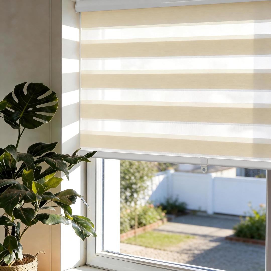Cordless Zebra Blinds for Indoor Windows Free-Stop Zebra Shades Dual Layer Light Filtering Sheer Shades Roller Window Blinds for Home (30" W X 72" H, Cream)