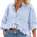 Cicy Bell Womens Cropped Striped Button Down Shirts Ruffle 3/4 Length Sleeve Summer Tops Dressy Casual Blouses