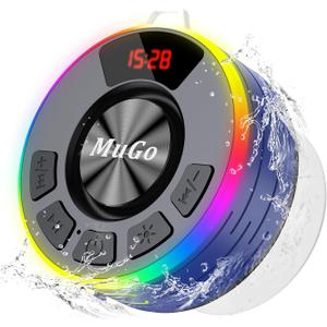 MuGo Shower Bluetooth Speaker Waterproof IPX7, 360 HD Stereo Sound Bathroom Speaker Bluetooth 5.3 with RGB Lights, Suction Cup and Microphone, Mini Shower Radio for Home/Party/Outdoor