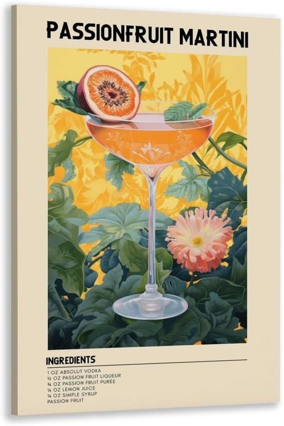GyXzodonti Passionfruit Martini Cocktail posters retro cocktail wall art Cocktail Drink Wall Decor Vintage bar cart decor Kitchen Home Bar Cart Club Decor Canvas Print 16x24inch Framed (16L" x 24W", style-7-Framed)