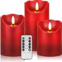 3 PCS Red Flickering Flameless Candles - Dripless Real Wax Pillar LED Candle Lights - Battery Operated Candles - Dancing Electronic Candles Set with Remote Control and Timer for Decoration Use