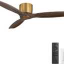 WINGBO 48" Flush Mount Ceiling Fan No Light - 3 Carved Solid Wood Blades, 6-Speed Reversible DC Motor, Dimmable, 3CCT, Low Profile Ceiling Fans without Lights for Bedroom Living Room, Gold and Walnut