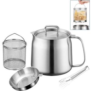Deep Fryer with Basket and Oil Filtration, 304 Stainless Steel 2L, Bacon Grease Saver with Strainer, Deep Fryer Pot with Basket, Bacon Grease Container for Kitchen, Oil Container, Freidora de Aceite