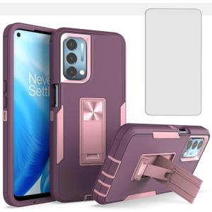 Phone Case for OnePlus Nord N200 Case, OnePlus N200 DE2117 Case with Tempered Glass Screen Protector, Magnetic Bulit in Kickstand Dual Layer Shockproof Cover for OnePlus Nord N200 Purple Pink