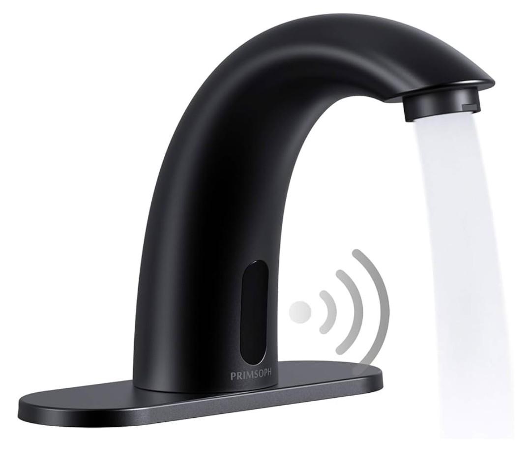 PRIMSOPH Automatic Motion Sensor Hands Free Electronic Infrared Smart Commercial Touchless Bathroom Sink Faucet with Cover Plate Temperature Mixer Battery or Plug-in Powered Chrome