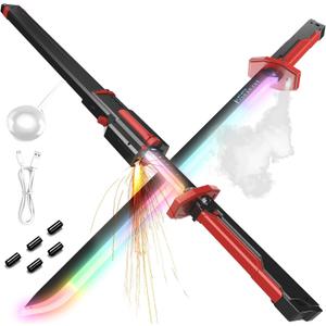 LED Light Up Sword 31.5", Neon Spark Blade 7-Color Glow with Sound Effects & Fog Mist, USB-C Rechargeable, Anime Cosplay Prop for Rave Party & Display, Kids & Adults (Black)