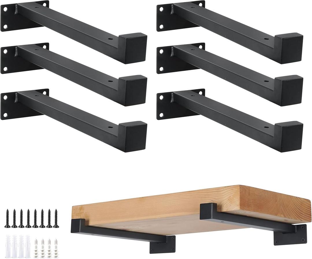 EZYDECOR 6Pcs Floating Shelves Brackets Heavy Duty Wooden Shelf Brackets 8inch Decorative Wall Shelf Brackets & Supports with Lip (Black) 8"